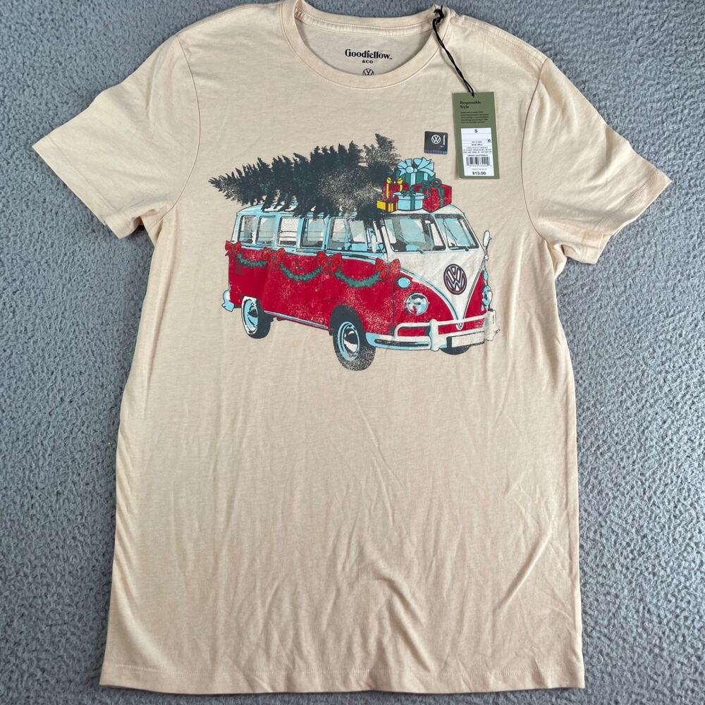 Goodfellow T Shirt Christmas Tree VW Van Print Beige Unisex Tee Size Small NWT